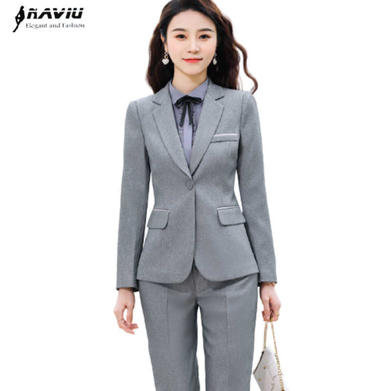 

Professional Gray Suit Fashion Temperament Business Formal Slim Blazer And Pants Office Ladies Work Wear 210604, Black blazer