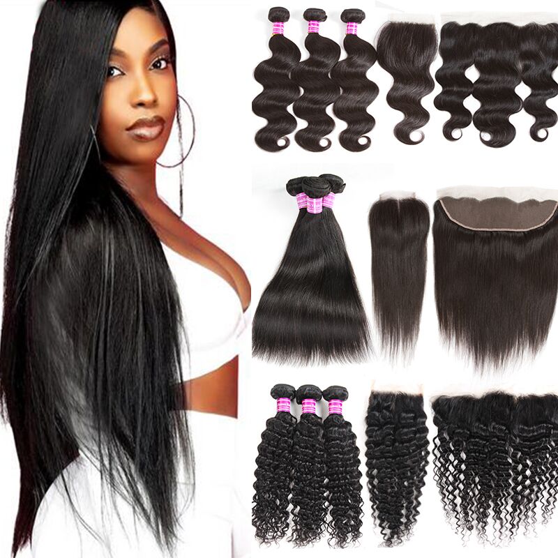 

10A Raw Brazilian Virgin Human Hair Bundles with Closure Straight Body Deep Water Wave Kinky Curly Cuticle Aligned Weave Extensions and Frontal for Black Women, Kinky curly virgin hair