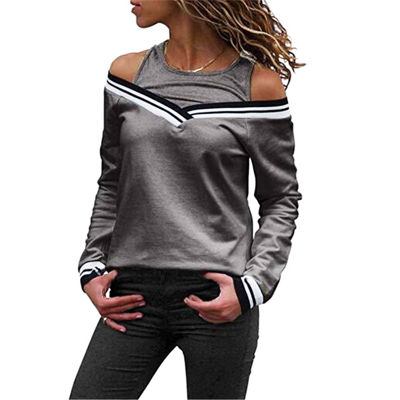 

Fake 2 PCS Women T-Shirt Long Sleeve T-shirts Off Shoulder Slim Striped Tops Casual O-Neck Hollow Tees, Black