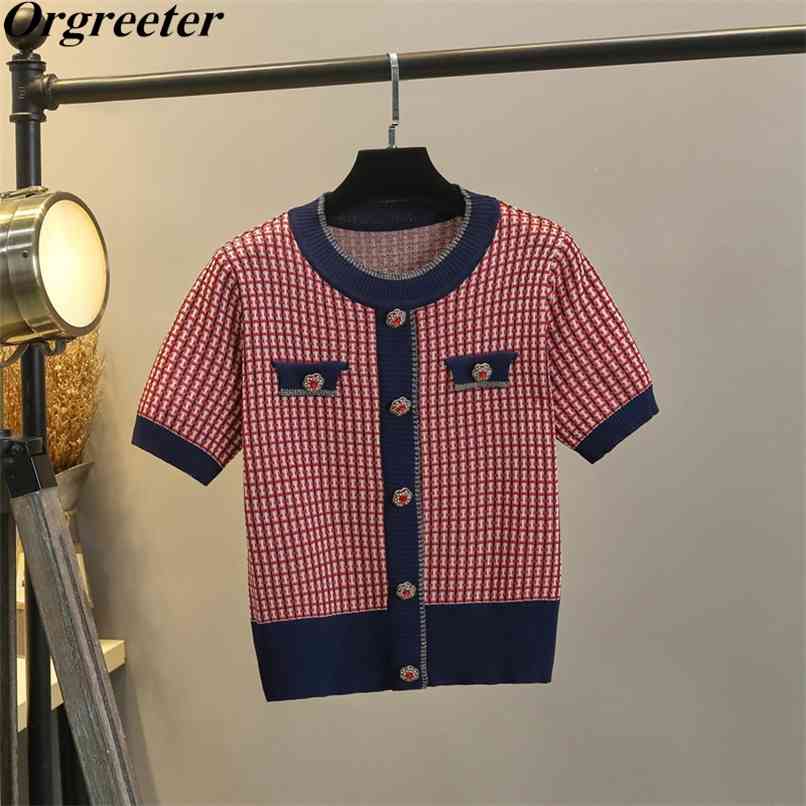 

Women Summer Brand Design O-neck Diamonds Button Lattice Knitted Pullover Tops Retro Hit color Short Sleeve Thin Sweater 210602, Red