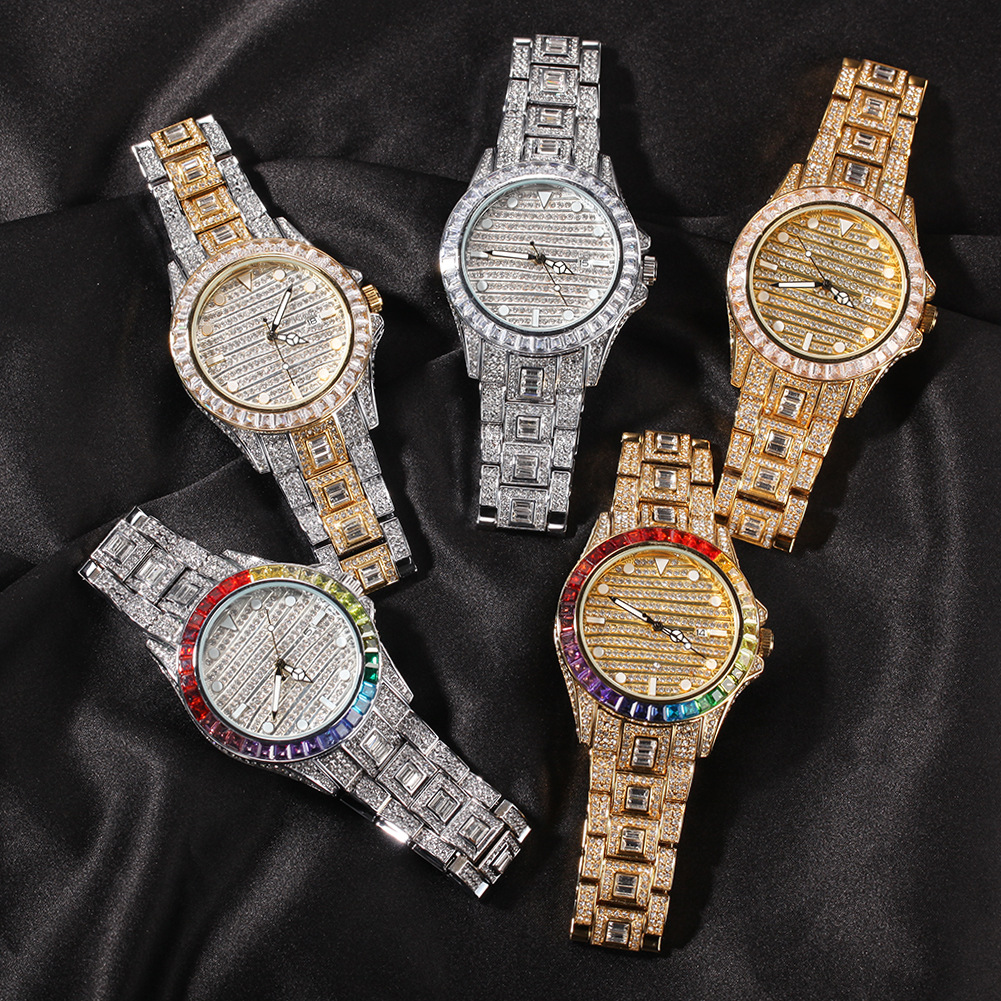 

NEW High Quality Hip Hop Colorful Watch 316L Stainless Steel Case Cover Full Diamond Crystal Strap Watches Quartz Wrist Watches Punk Jewlery, Slivery;brown