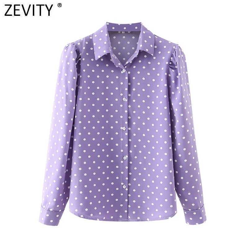 

Zevity Women Fashion Dots Print Casual Smock Blouse Office Lady Shoulder Pads Puff Sleeve Shirt Chic Blusas Tops LS7608 210603, As pic ls7608dt