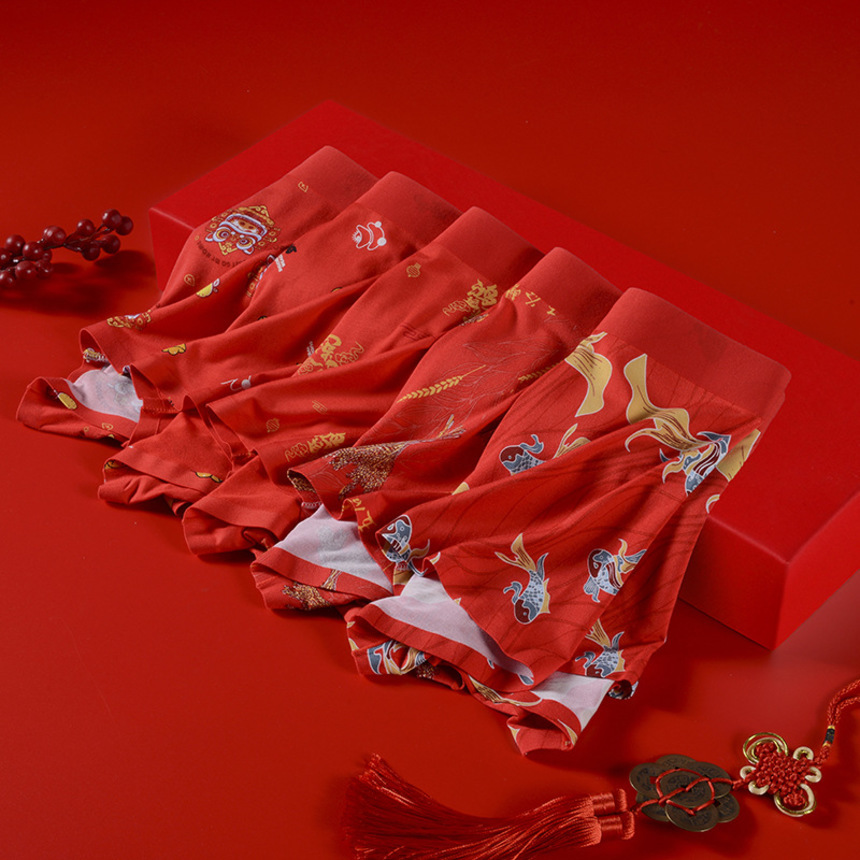 

2021 new big red flat corner lucky new year gift giving benmingnian fit breathable men's underwear, White;black