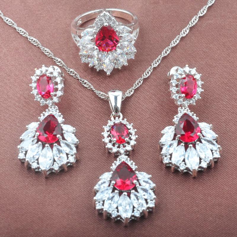 

Earrings & Necklace Quality Red Rose Zircon White CZ Women's Silver Color Jewelry Sets Pendant Ring TZ0477, As pic
