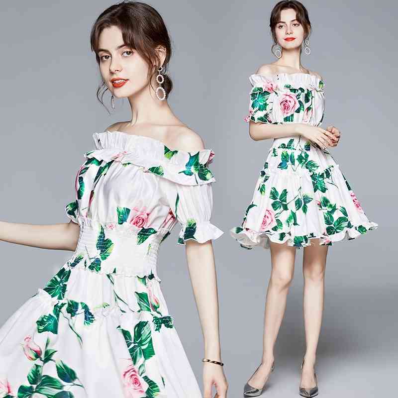 

Summer Fashion Runway Floral Print Mini Dress Women Off Shoulder Slash Neck Ruffles Elastic Waist Holiday Beach 210603, White (0.36 kg)