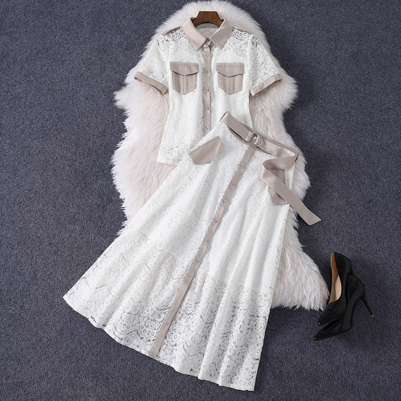 

2021 Summer Short Sleeve V Neck White Contrast Color Lace Panelled Blouse + Belted Buttons Mid-Calf Skirt Two Piece Suits 2 Pieces Set 21W08
