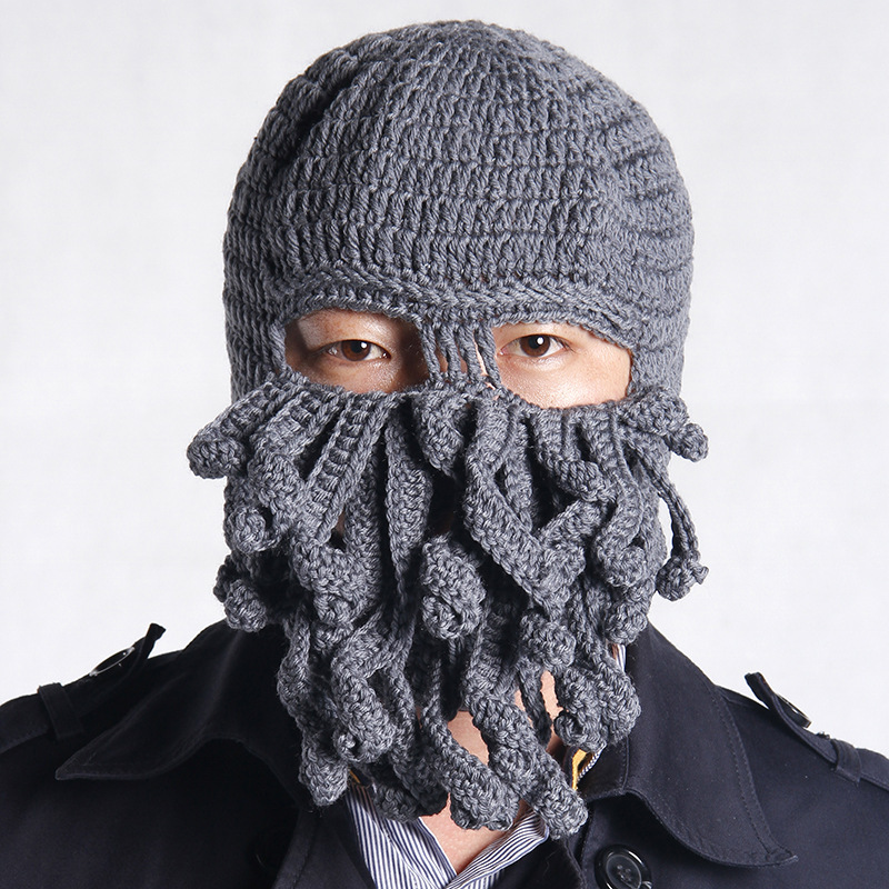 

Handmade Funny Tentacle Octopus Hat Crochet Cthulhu Beard Beanie Mens Womens Knit Wind Mask Cap Halloween Animal Gift, Black