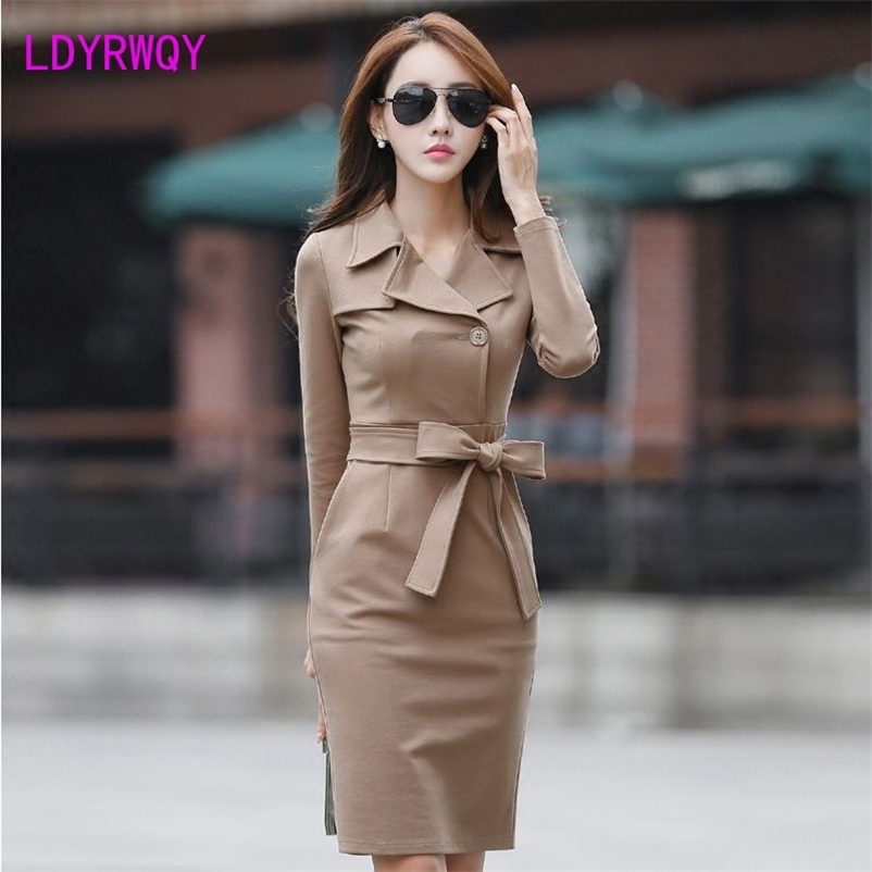 

spring and autumn women's long-sleeved dress mid-length temperament slim slimming hip fashion waist 210603, Black