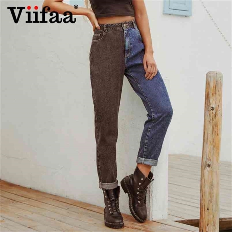 

Viifaa Black and Blue Two Tone High Waist Denim Jeans for Women Zipper Fly Casual Ladies Straight 210720