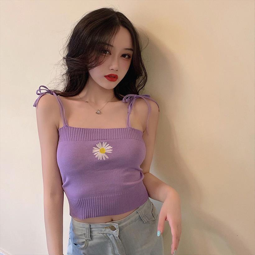 

embroidery daisy knit vest summer women camis crop sleeveless elegant special sweet camisole, White