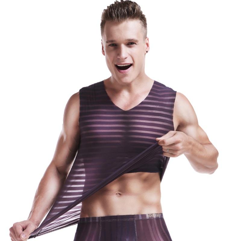 Men's Tank Tops Men Sexy Male Sex Underwear Stripe See Through Gay Clothing Mesh Shirts Man Clothes Undershirts Vest-image-740284572