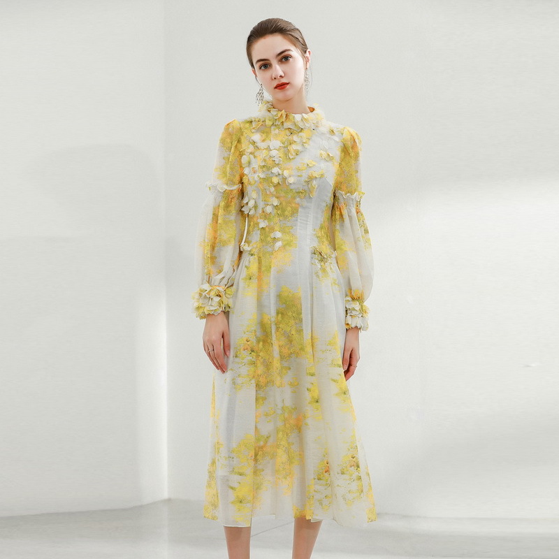 

summer Holiday beach sale wholesale runway new hot Crew neck Long sleeves Zipper 3D Floral dress, White
