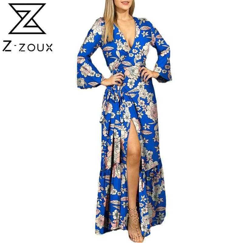 

Women Dress V Neck Flare Sleeve Maxi Temperament Printed es High Waist Lace Up Plus Size Sexy es Summer 210524, Blue