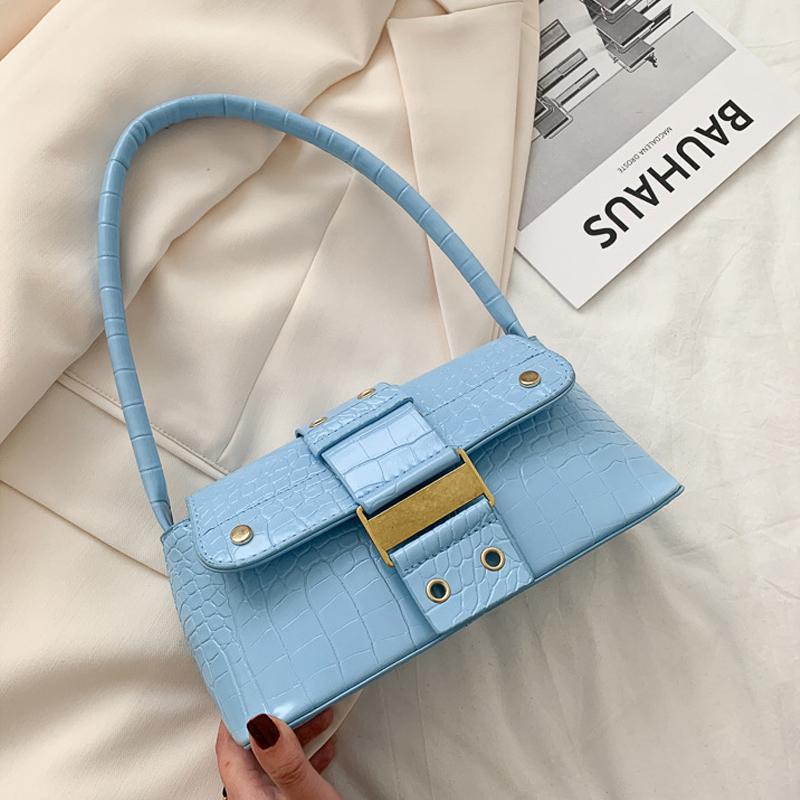 

School Bags Design Flap Women Armpit Solid Color Buckle Underarm Shoulder Crocodile Pattern PU Leather Female Baguette