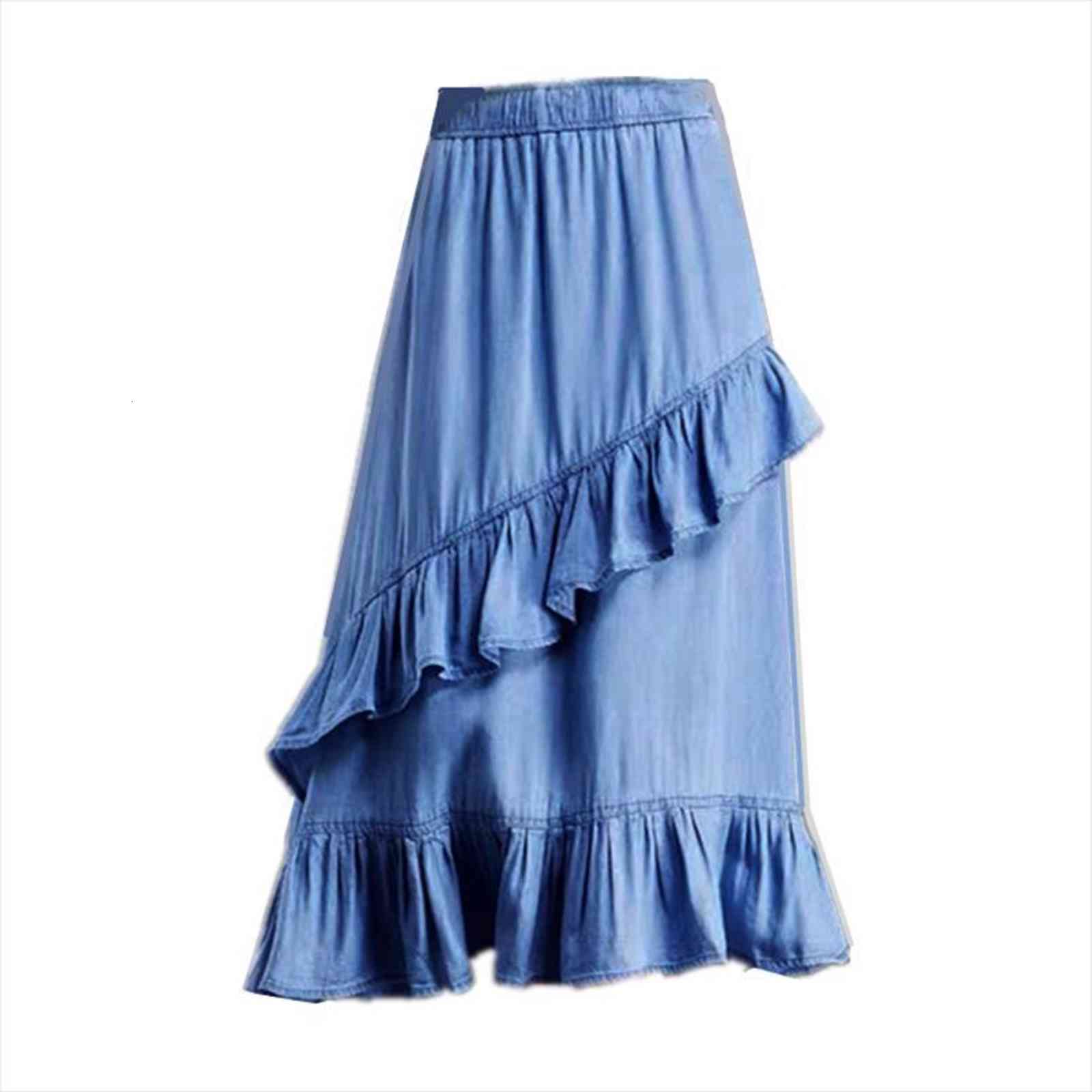 

plus size summer denim ruffles women skirt asymmetrical elegant midi black high waist autunm cotton 5xl 6xl 7xl