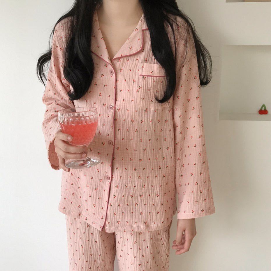 

sleepwear Cotton linen pyjamas set sweet cherry kawaii pajama print vintage engraved pocket jacket + pants button s890, Ivory