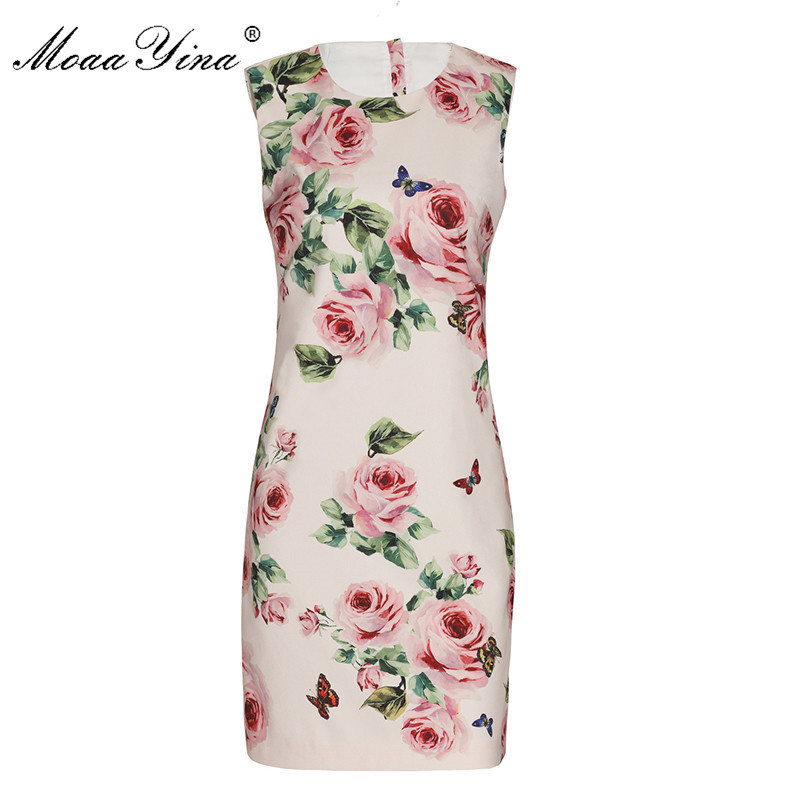

High Quality Fashion Designer Runway Dress Summer Women Sleeveless Rose Floral Print Casual Holiday Elegant 210524, Multi