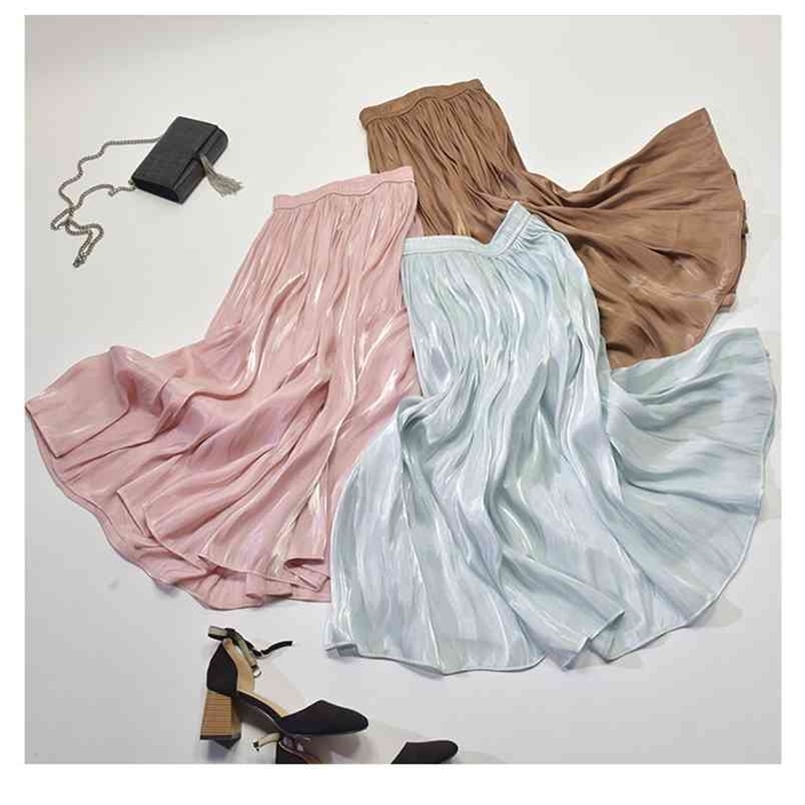 

Spring Korean Style Pleated Skirt Elastic Waist Pearl Luster Silk Slippery Faldas Largas Elegantes Free 210702, White
