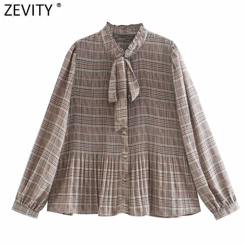 

Zevity Women Vintage Bow Tied Stand Collar Plaid Print Pleated Kimono Shirts Retro Lady Blouse Roupas Chic Femininas Tops LS7395 210603, As pic ls7395cc