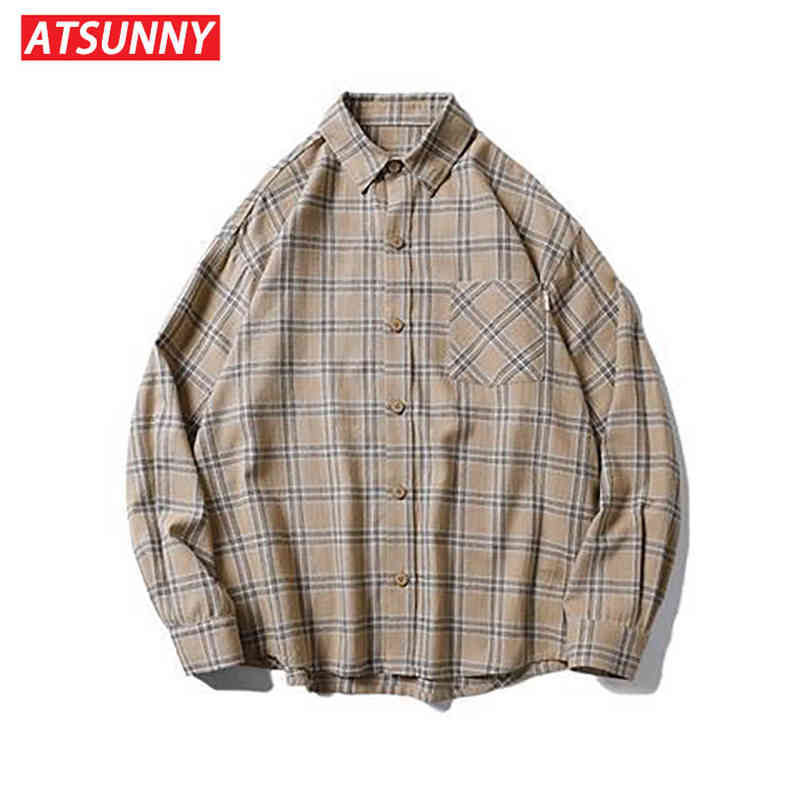 

ATSUNNY 2021 Long Sleeve Shirt Plaid Oversized Brown Top Turn-down Collar Leisure Fashion Loose All-match Loose Blouse G0105, Red