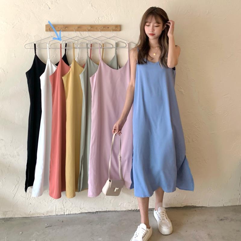 

Casual Dresses Sexy Spaghetti Strap Women Solid V-Neck Side Spilt Summer Female Workout Sundress 121736WLA, Black;gray