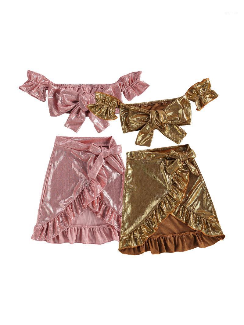 

Born Baby Girls Gold Silk Skirt Set, Sleeveless Off Shoulder Crop Tops With Bowknot Ruffle Summer Formal Party Ball Clothing Sets, White