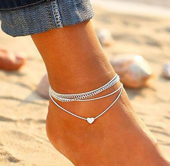 

Bohemian Heart Shaped Anklets Multi-layer Beach Anklet Foot Bracelets Barefoot Sandals Jewelry for Women Girls gift, Red;blue