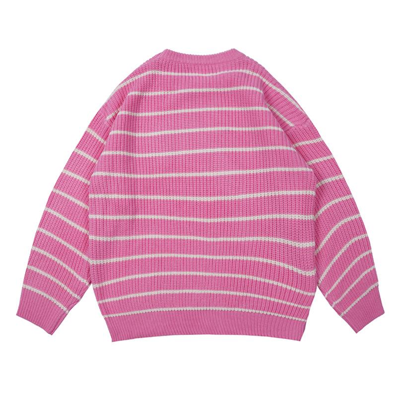 

Men's Sweaters Knit Embroidery Striped Round Letter Neck Long-sleeved Sweater Pullover Fall Korean Casual Oversize Couple Hombre, White;black