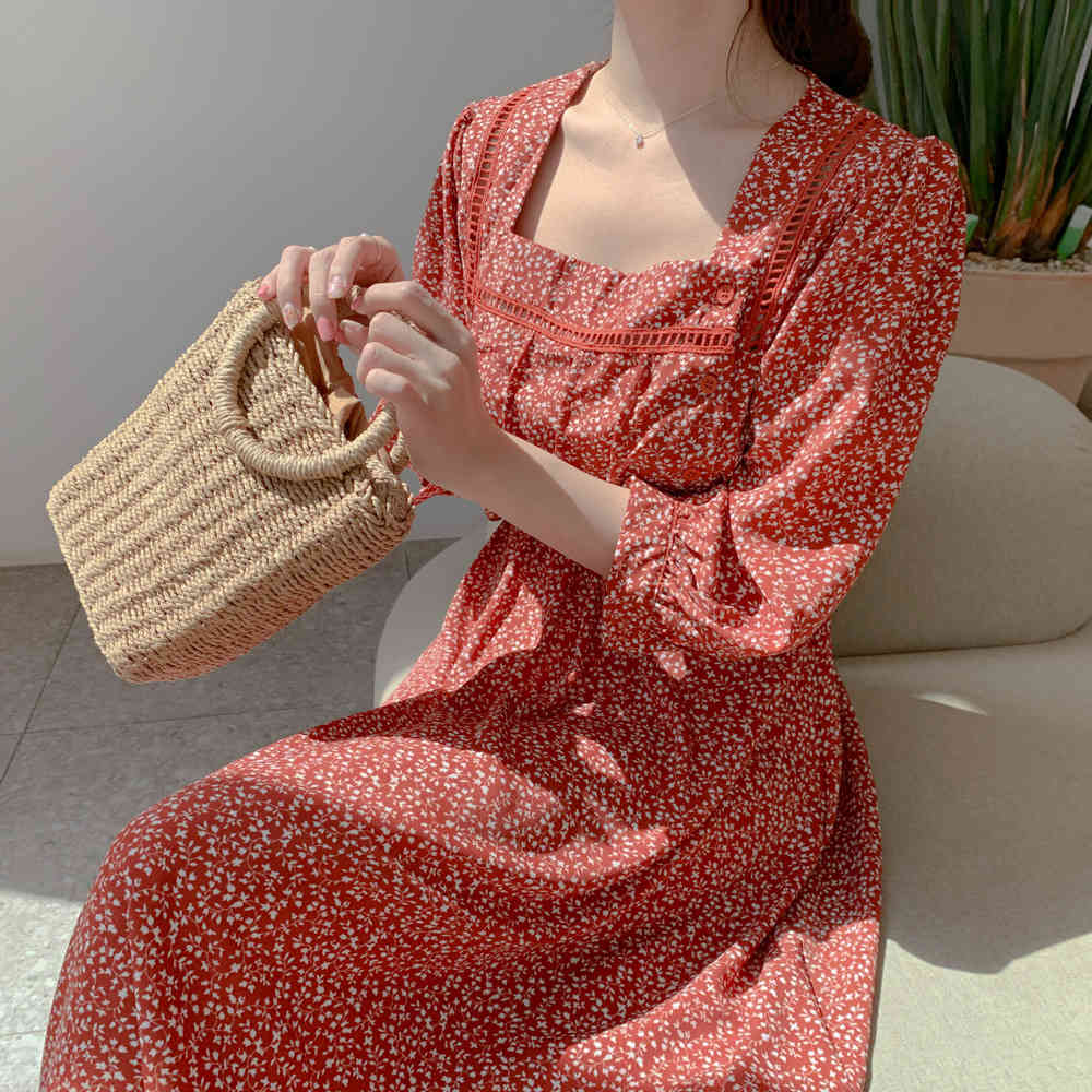 S-XL Summer dress Girls Boho OL Casual Red dot print long Sleeve Women Dresses Female Robe Femme Vestido 210417Z