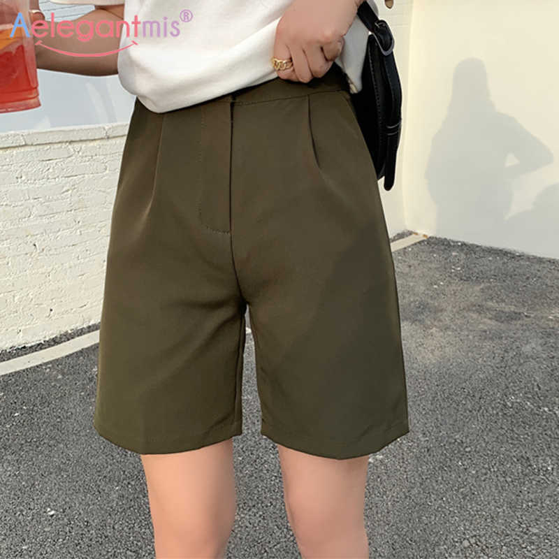 

Aelegantmis Vinatge High Waist Solid Shorts Women Loose Straight Korean Chic Casual Bottoms Plaid Short Pants 3 Colors 210607, Black