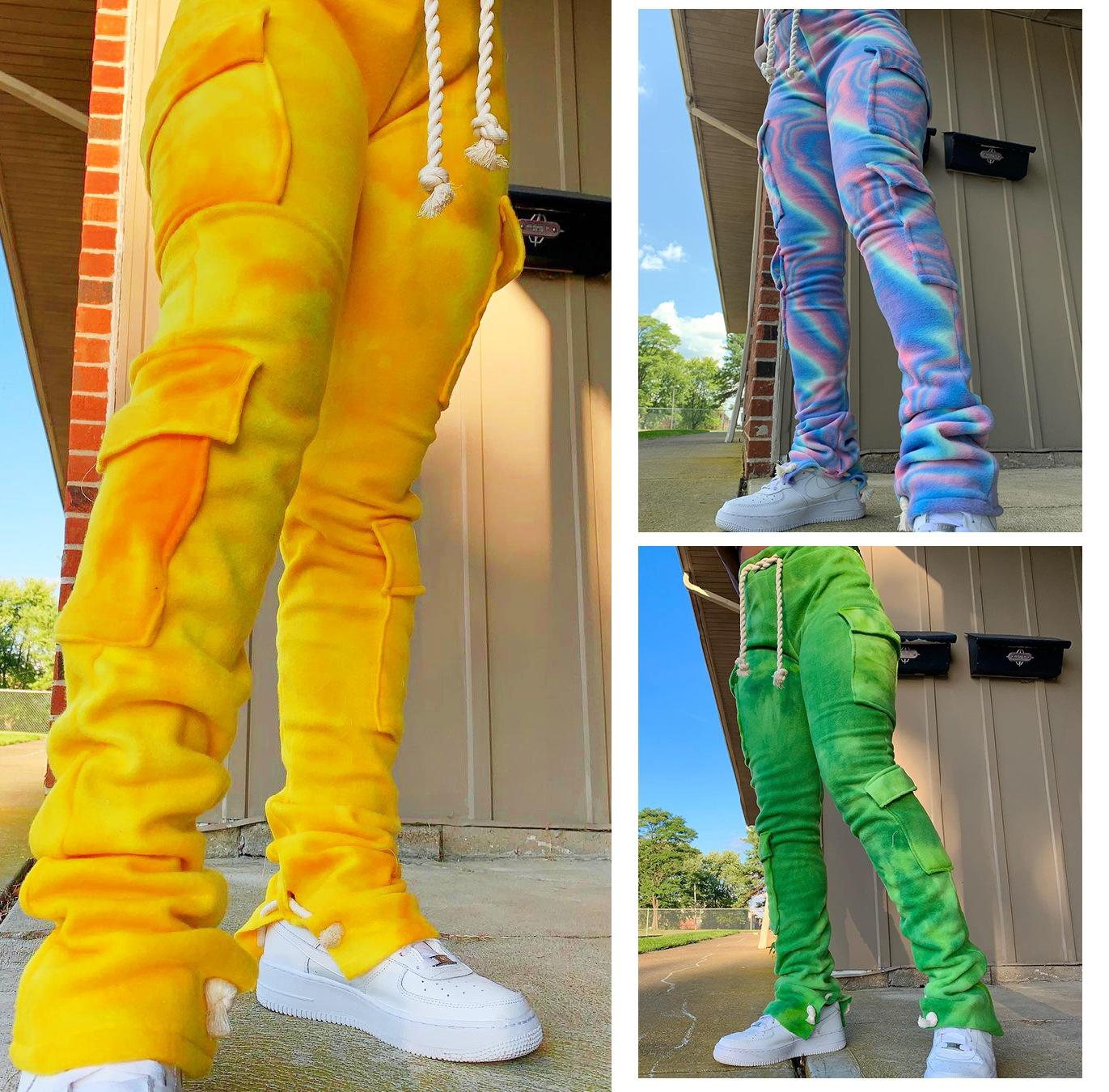 

Pants Double Plush Tie Dye Print Jogger Sweatpant Women High Waist Drawstring Stacked Pant Trouser Winter Side Pocket Stretchy Bottom -2XL, Yellow