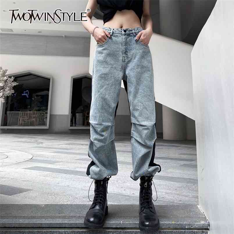 

Hit Color Patchwork Jeans For Women High Waist Wide Leg Denim Pants Female Fashion Clothing Spring 210521, Blue