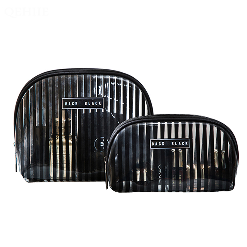 

Travel Organizer Bag Striped PVC Makeup Cosmetic Toiletry Zip Waterproof Clear Transparent Pouch Portable S/L Size Casual Bags Wash, Black