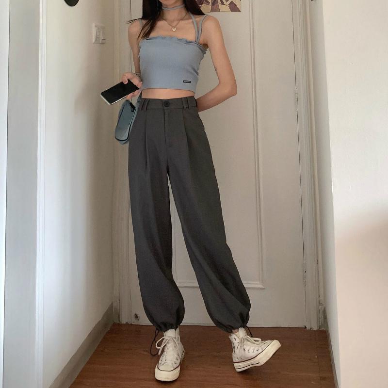 

Women's Pants & Capris Casual Ankle-length Adjustable Baggy Womens Korean High Waist Streetwear Cargo Trousers Hip Hop Thin Vestido, Black;white