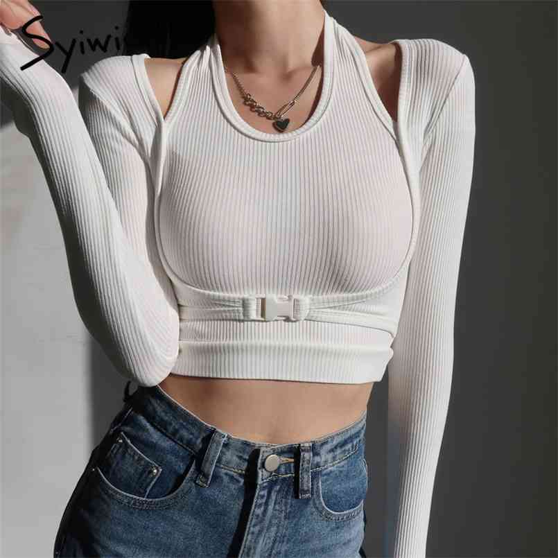 

Syiwidii 2 Pieces Set Women Sexy Tops Kintted Long Sleeve Crop Top T Shirt Halter Woman Tshirts Black White Elastic Slim Tees 210708