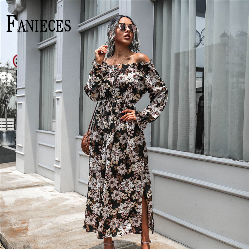 

Autumn Winter Women Maxi Dress With Elastic Waist Floral Print Butterfly Sleeve Vacation Dresses Female Casual Vestido 210520, Black
