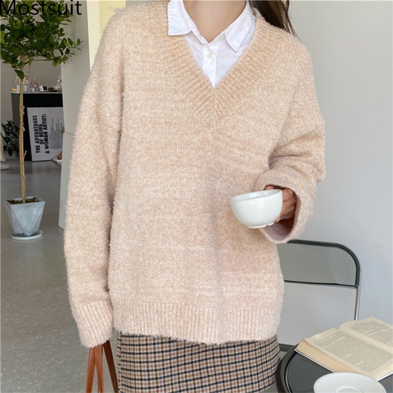 

Korean Solid Knitted Pullover Jumpers Women Spring Autumn Full Sleeve Fashion Loose Female Sweaters Tops Femme 210518, Grey o-neck