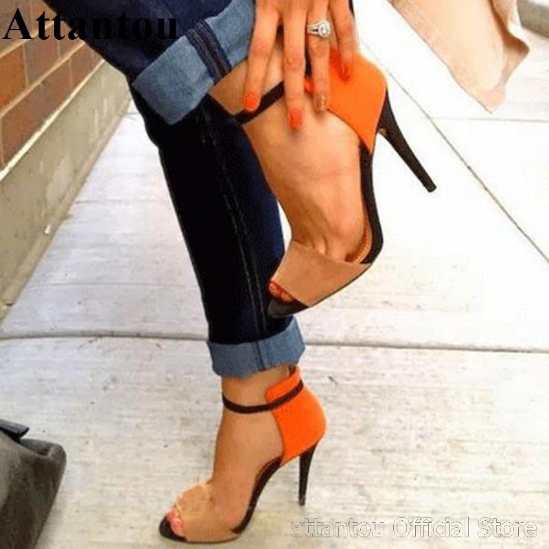 

Fashion Orange Nude Patchwork Women Thin High Heel Straps Summer Sandals With Buckle, Black