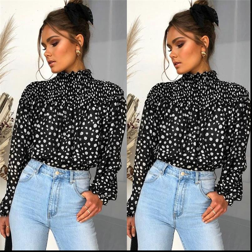 

women shirts fashion chiffon blouse and spring long sleeve puff ruffles lady shirt dot, White