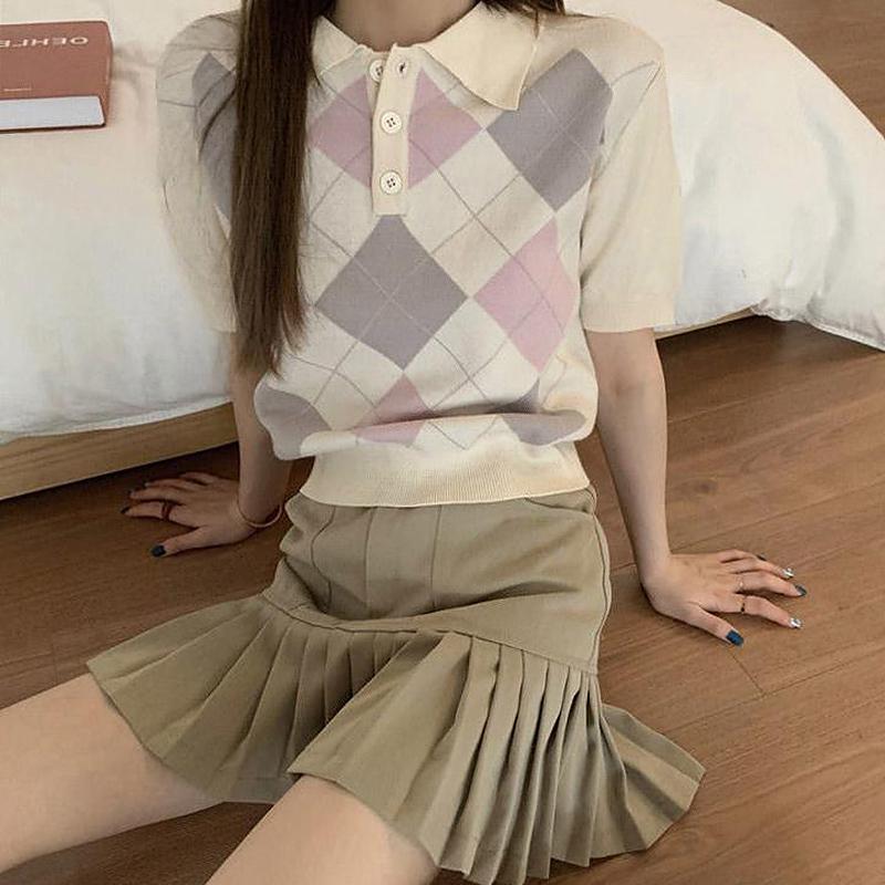 

Women's Sweaters 2021 Argyle Knitted Pullovers Korean Fashion Collar Sweater Single Breasted Short Sleeve Jumpers Preppy Style Tops, Beige
