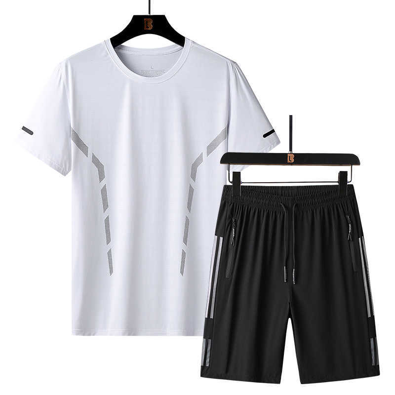 

Men running suit Short sleeve Tshirt round neck thin ice casual loose mesh two piece, White