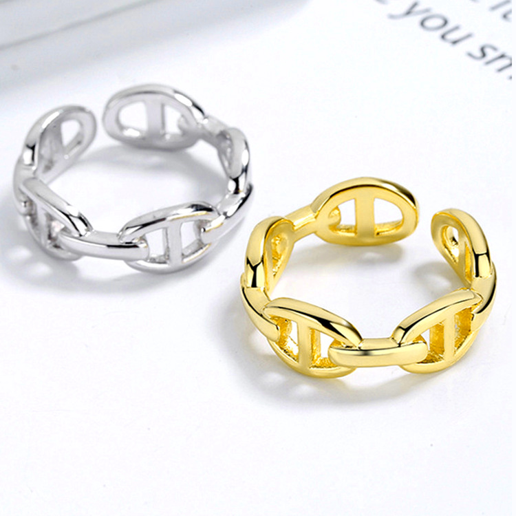 

Brand Pig Nose Ring Women Hollow Retro Simple Chain Open Finger Adjustable Rings Personality Jewelry, Silver