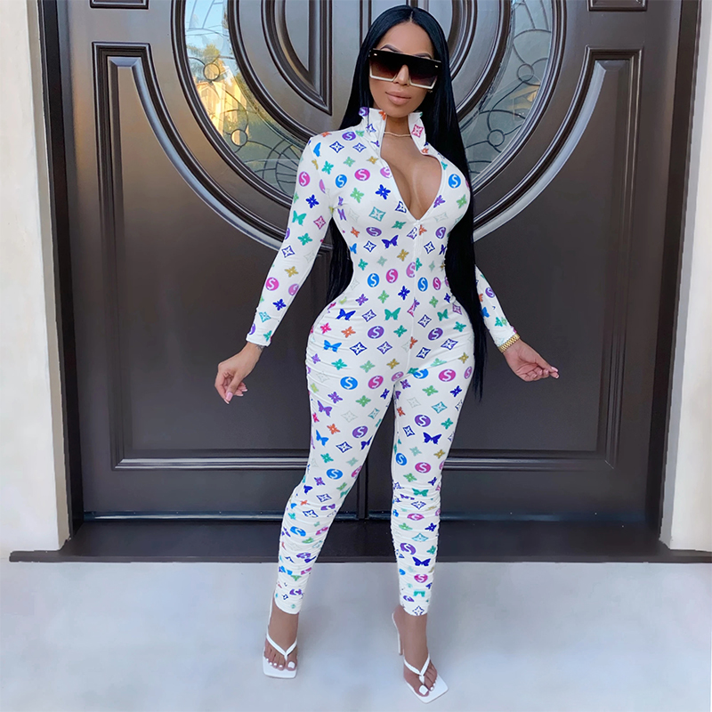 

UVRCOS Birthday Outfits For Women Summer Elegant Letter Printed Slim Jumpsuit Long Sleeve Sexy Mujer Party Nightclub New Playsui, Default color