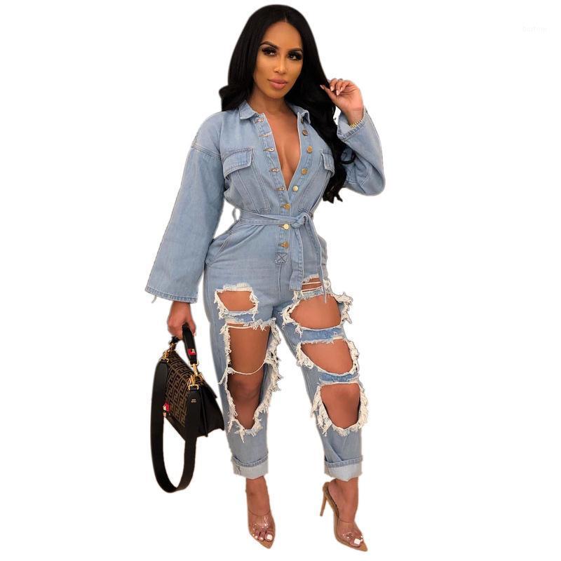 

Women' Jumpsuits & Rompers Hollow Ripped Denim Womens Jumpsuit Turn Down Collar Long Sleeve Jeans Overall Casual Buttons Up Sashes Party Bo, Blue