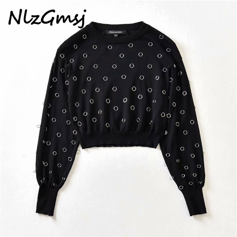 

Nlzgmsj Sweater vintage black Jacquard weave o-neck short winter sweater pull femme pullover tops 210628, As picture