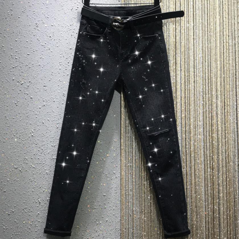 

spring autumn new heavy work hot drilling high waist hole casual stretch straight jeans women, Black