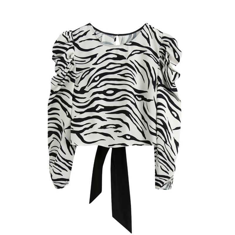 

Women zebra-stripe print Puff Sleeve Short Shirt Vintage Femme Back fork bow Blouse Casual Lady Loose Tops Smock Blusas S8012 210721, As pic