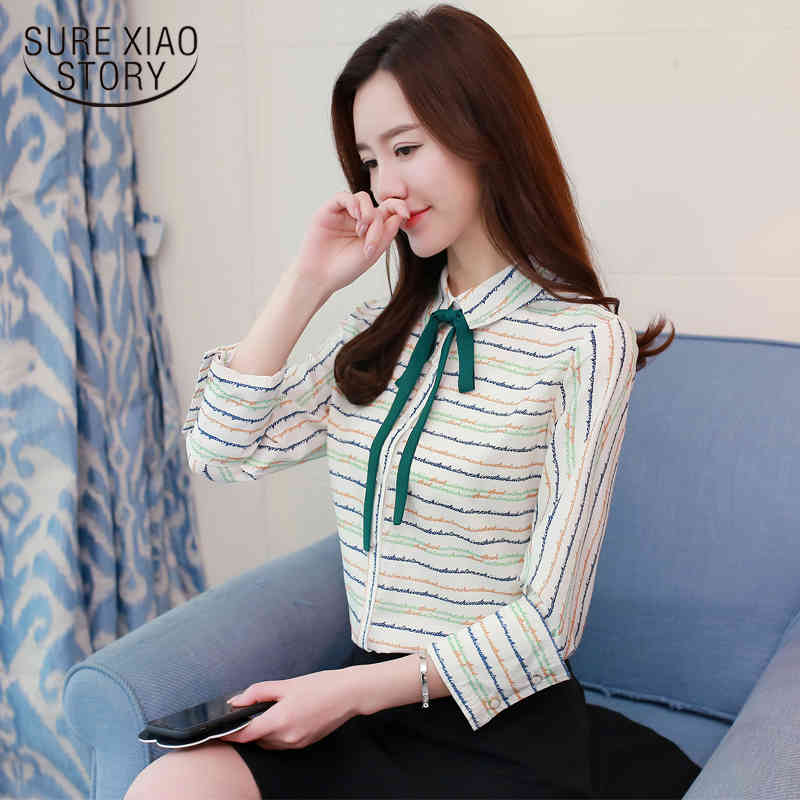

arrived spring blouse women bow shirt green stripe tops female thin long sleeved fashion clothing D440 30 210521