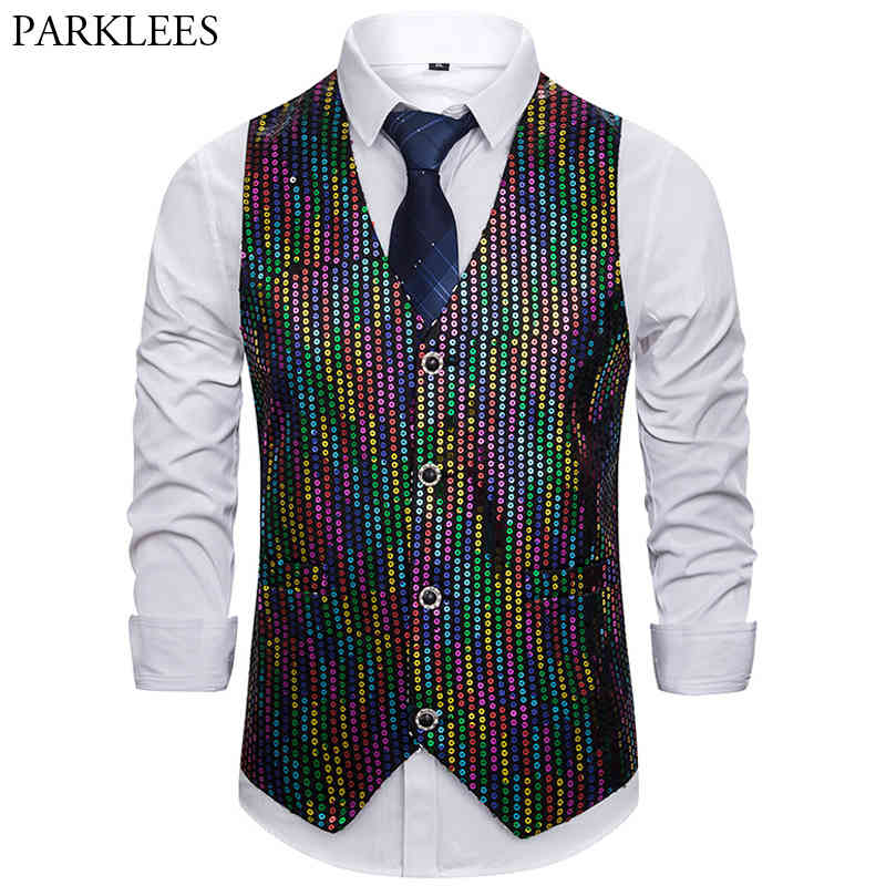 

Shiny Colorful Sequin Men Vest Single-Breasted Casual Slim Fit Vests Men Nightclub Dance Show Singer Waistcoat Mens Gilet Homme 210524, As picture show