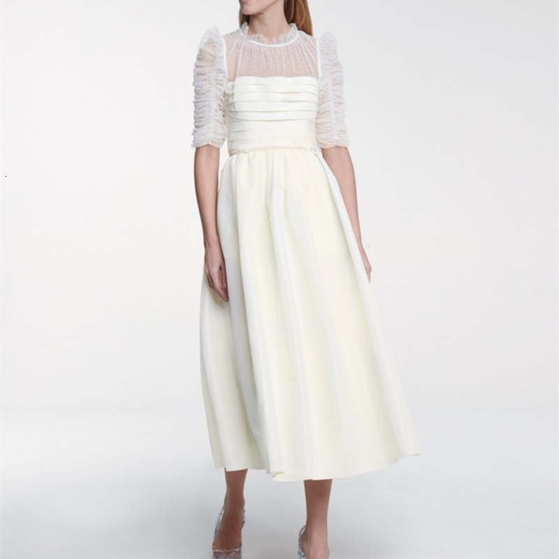

dresses vestido mujer 2021 See Through Mesh Patchwork Half Sleeve Cream Tunic Long Party For women vestidos de fiesta, Ivory